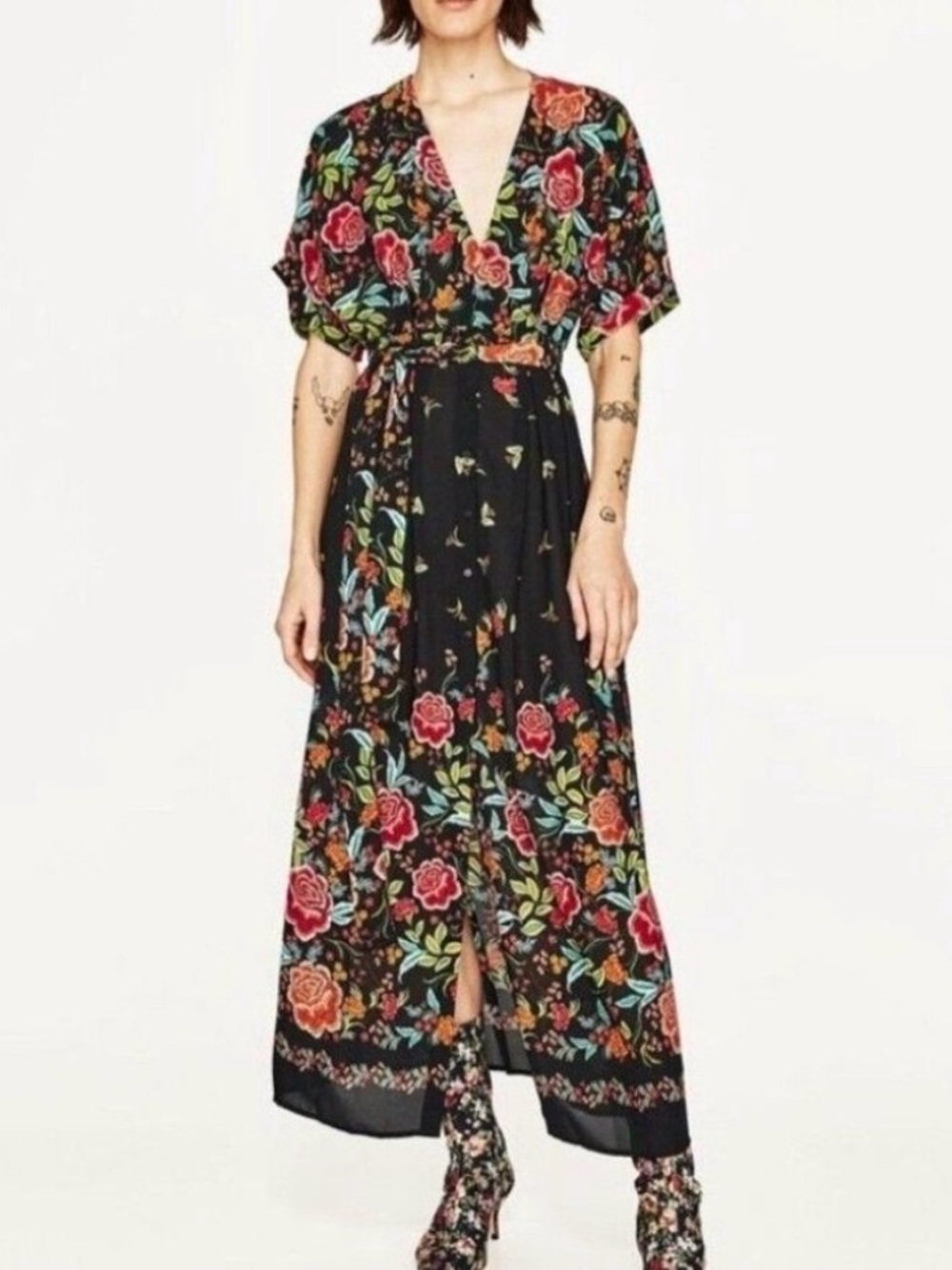 ZARA | Floral Print Kimono Wrap Midi Dress V-
Neck Button Down - Boho Chic